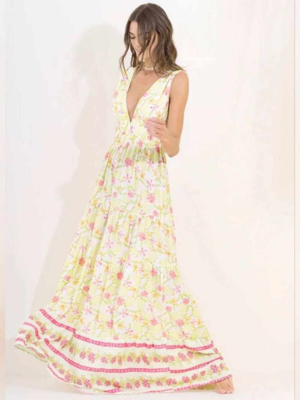 Maaji Revolve Lemonade Floral Deep V-Neck tie back Tiered Maxi Dress sz M